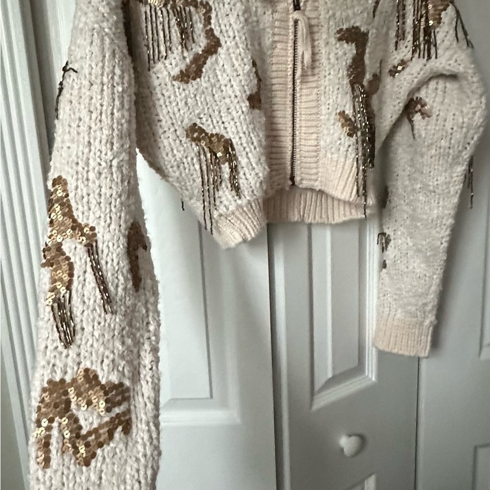 RARE ANTHROPOLOGIE NWT Sequin Cropped Cardigan Sweaterin Neutral-Size XS - Picture 9 of 13